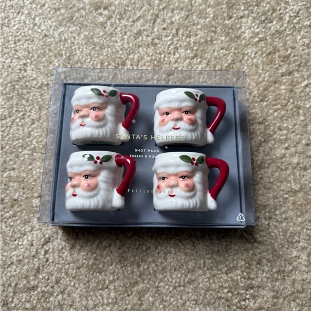 Pottery Barn Santa's Helper Shot Mugs Set of 4 - NEW IN BOX